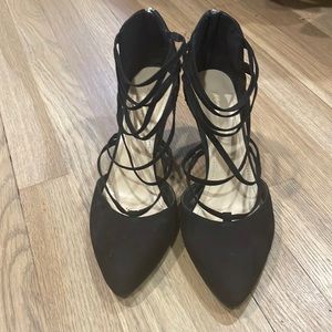 BCBGeneration Zolee2 Black Strappy Pointy Toe Wedge Heels